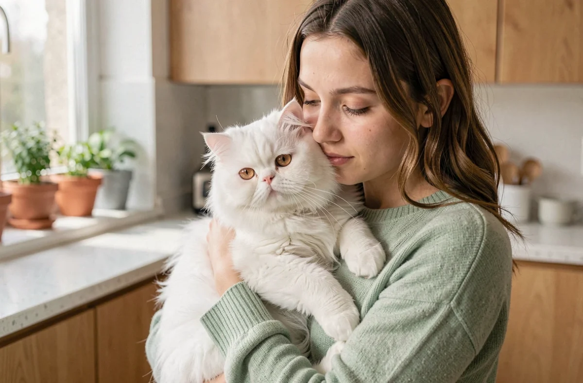 Jeune femme tenant affectueusement un chat persan blanc aux yeux cuivrés dans une cuisine moderne lumineuse, moment de complicité pour une première adoption