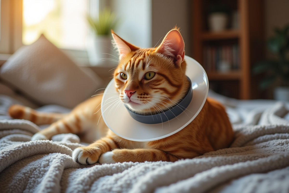 Chat roux reposant à la maison après une visite chez le vétérinaire