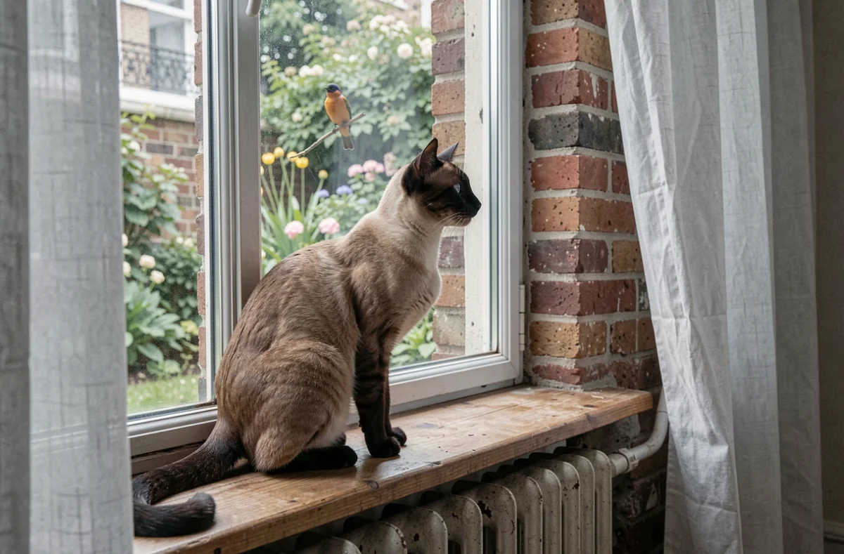Chat siamois élégant aux yeux bleus perché sur un rebord de fenêtre dans un appartement parisien avec vue sur un jardin verdoyant, idéal pour une première adoption