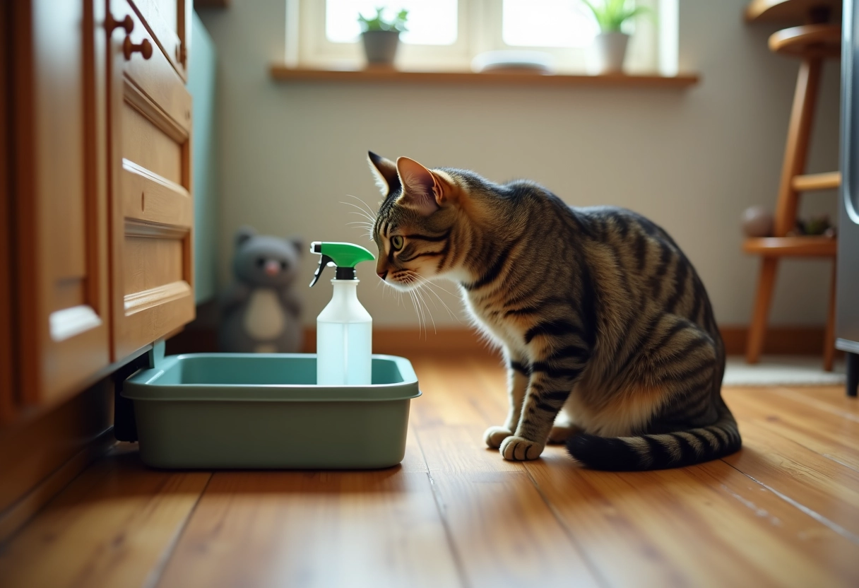 Chat tacheté reniflant un spray dans une cuisine chaleureuse