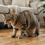 Chat tigré en train de régurgiter de la mousse blanche sur un parquet en bois, posture arquée typique du chat qui vomit