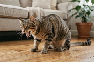 Chat tigré en train de régurgiter de la mousse blanche sur un parquet en bois, posture arquée typique du chat qui vomit