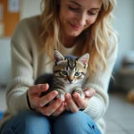 Jeune femme tenant un chaton abandonné dans un refuge Île de France