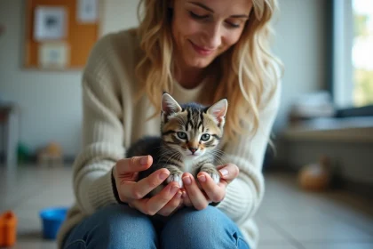 Jeune femme tenant un chaton abandonné dans un refuge Île de France
