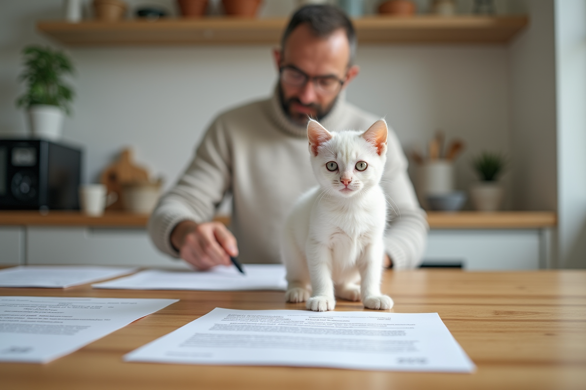 Chaton Bengal blanc sur table avec documents de pedigree en cuisine