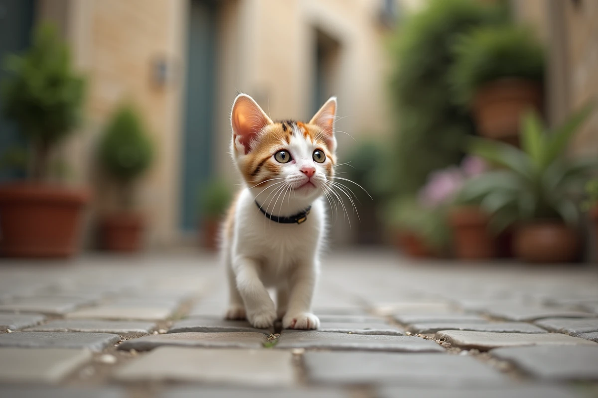 Chaton calico curieux explorant un cour d