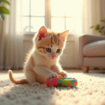 Jeune chaton curieux joue avec un jouet coloré dans un salon lumineux