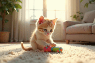 Jeune chaton curieux joue avec un jouet coloré dans un salon lumineux