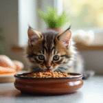 Chaton tacheté mangeant dans un bol en céramique dans une cuisine lumineuse