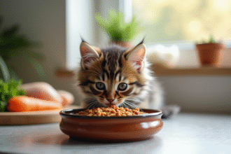 Chaton tacheté mangeant dans un bol en céramique dans une cuisine lumineuse