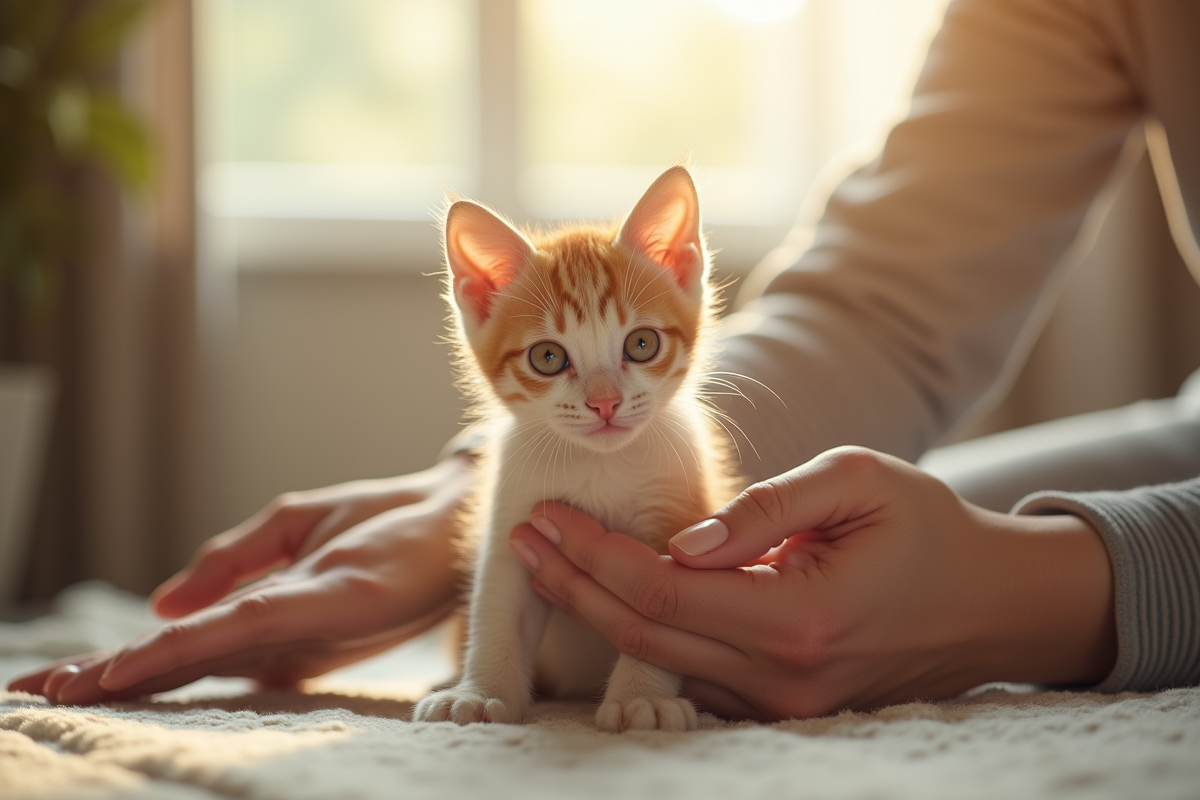 Chaton détendu caressé dans un salon ensoleille