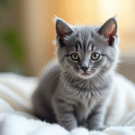 Chatru gris mignon sur une couverture blanche lumineuse