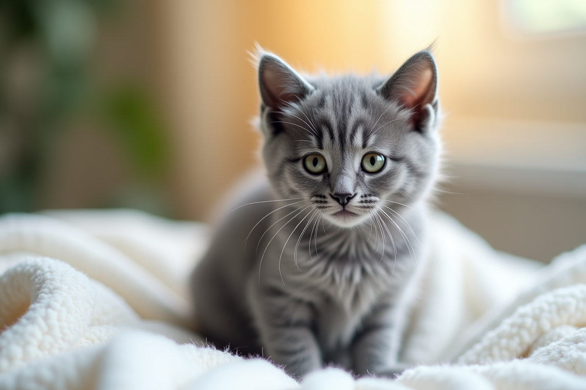 Chatru gris mignon sur une couverture blanche lumineuse