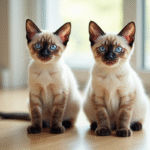 Deux chats siamois aux yeux bleus sur un sol en bois clair