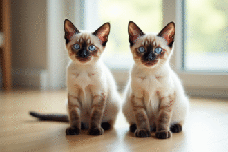 Deux chats siamois aux yeux bleus sur un sol en bois clair