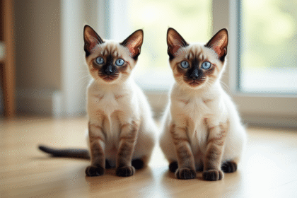 Deux chats siamois aux yeux bleus sur un sol en bois clair