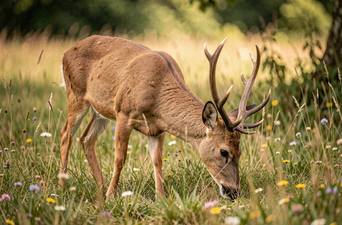 Chevreuil mâle dans une prairie avec ses petits bois, illustration de ses différences morphologiques avec le cerf