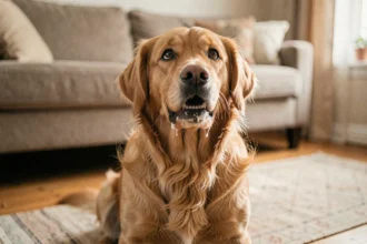 Chien golden retriever assis sur un parquet avec de la bave blanche aux coins de la bouche, regardant calmement son propriétaire
