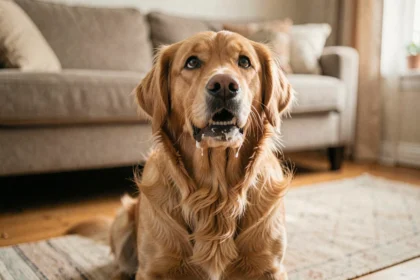 Chien golden retriever assis sur un parquet avec de la bave blanche aux coins de la bouche, regardant calmement son propriétaire