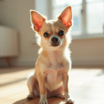 Chihuahua à poil court assis sur un sol en bois clair