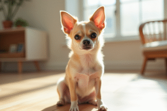 Chihuahua à poil court assis sur un sol en bois clair