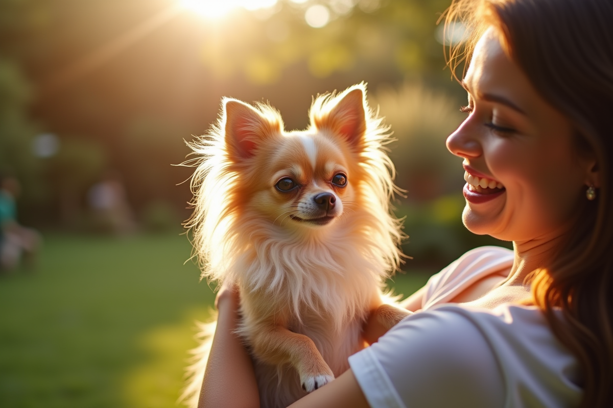Chihuahua à poil long tenu dans les bras d