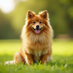Finnish Spitz assis dans un parc ensoleille avec pelage doré