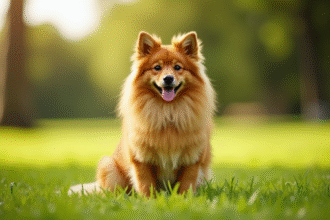 Finnish Spitz assis dans un parc ensoleille avec pelage doré