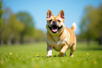 Bouledogue français jouant dans un parc ensoleille