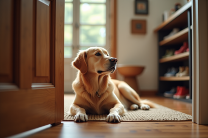 Golden retriever allongé près de la porte d'entrée
