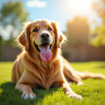 Golden retriever heureux au soleil dans un jardin vert