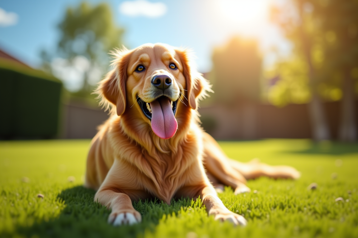 Golden retriever heureux au soleil dans un jardin vert