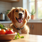 Chien heureux dans la cuisine lumineuse avec légumes frais