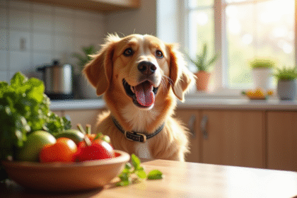 Chien heureux dans la cuisine lumineuse avec légumes frais
