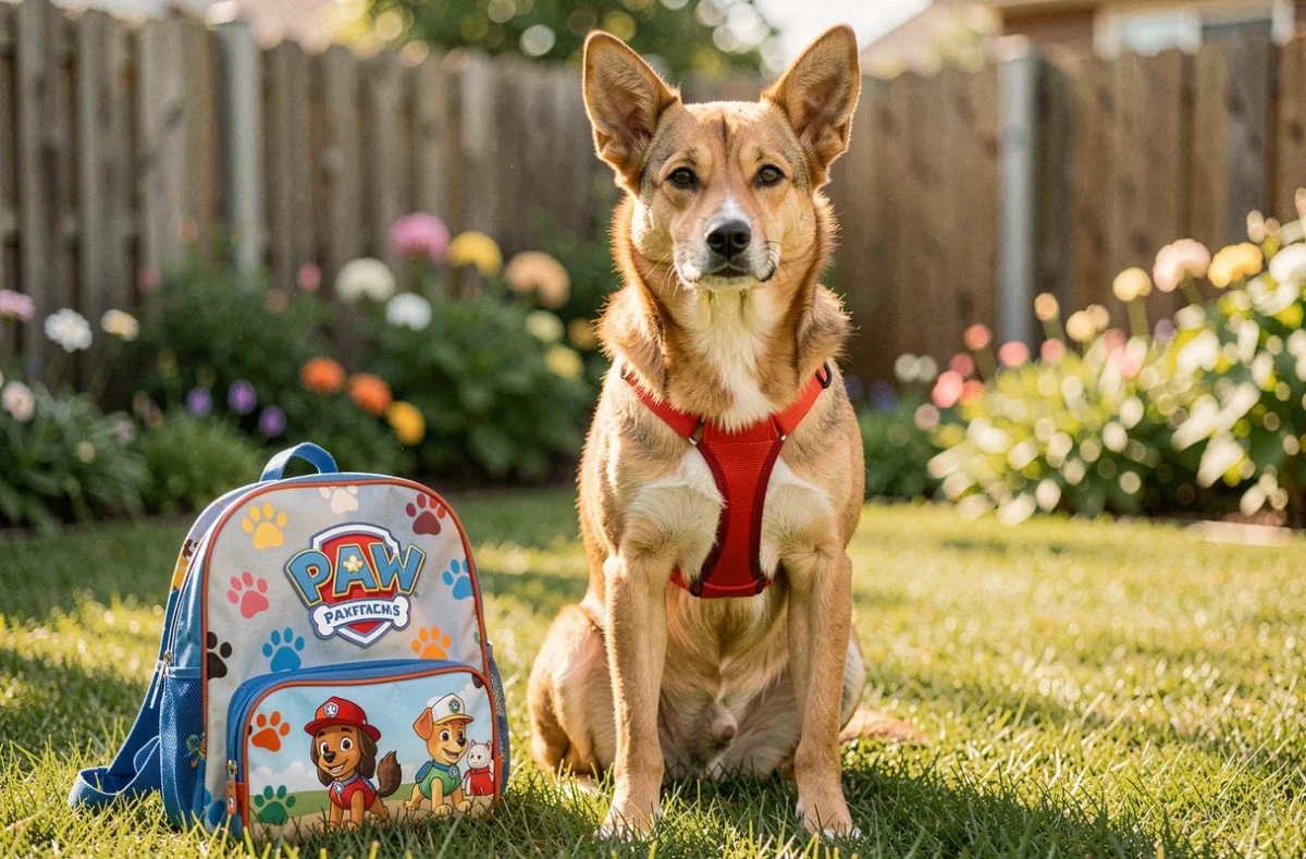 Chien en harnais rouge dans un jardin avec un sac à dos Pat Patrouille posé dans l'herbe