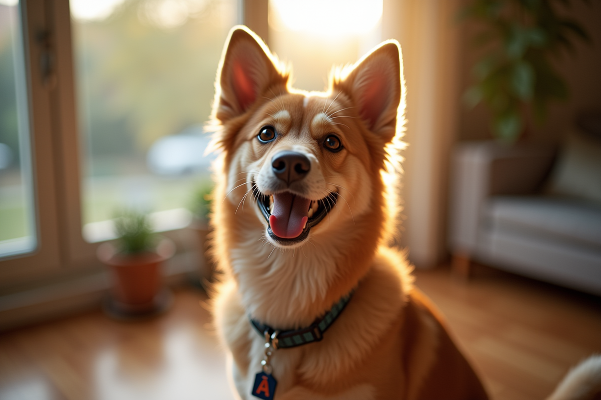 Chien mâle souriant avec collier dans une pièce lumineuse