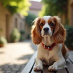 Petit chien senior Cavalier King Charles au regard doux assis sur un banc en bois dans un village près de Langon, en Gironde, à adopter gratuitement