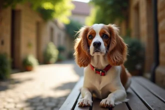 Petit chien senior Cavalier King Charles au regard doux assis sur un banc en bois dans un village près de Langon, en Gironde, à adopter gratuitement