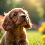Chiot cocker spaniel américain dans le jardin ensoleille