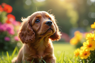 Chiot cocker spaniel américain dans le jardin ensoleille