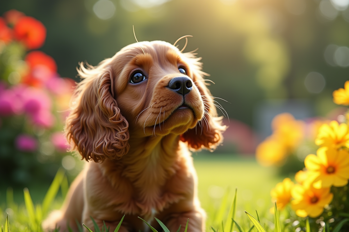 Chiot cocker spaniel américain dans le jardin ensoleille