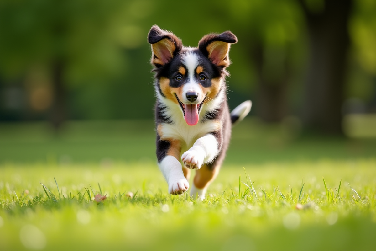 Chiot Australian Shepherd courant dans un parc vert en plein jour