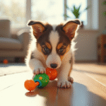 Jeune chiot Australian Shepherd jouant avec un jouet coloré dans un salon lumineux