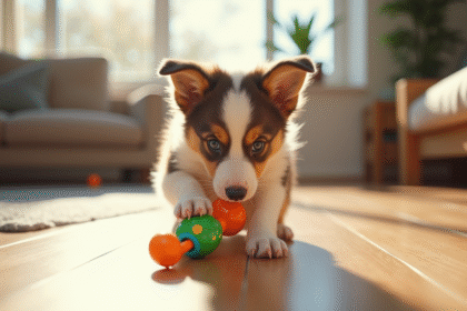 Jeune chiot Australian Shepherd jouant avec un jouet coloré dans un salon lumineux