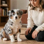 Chiot Berger Australien tricolore assis face à une femme accroupie dans un salon chaleureux, regard attentif et curieux