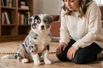 Chiot Berger Australien tricolore assis face à une femme accroupie dans un salon chaleureux, regard attentif et curieux