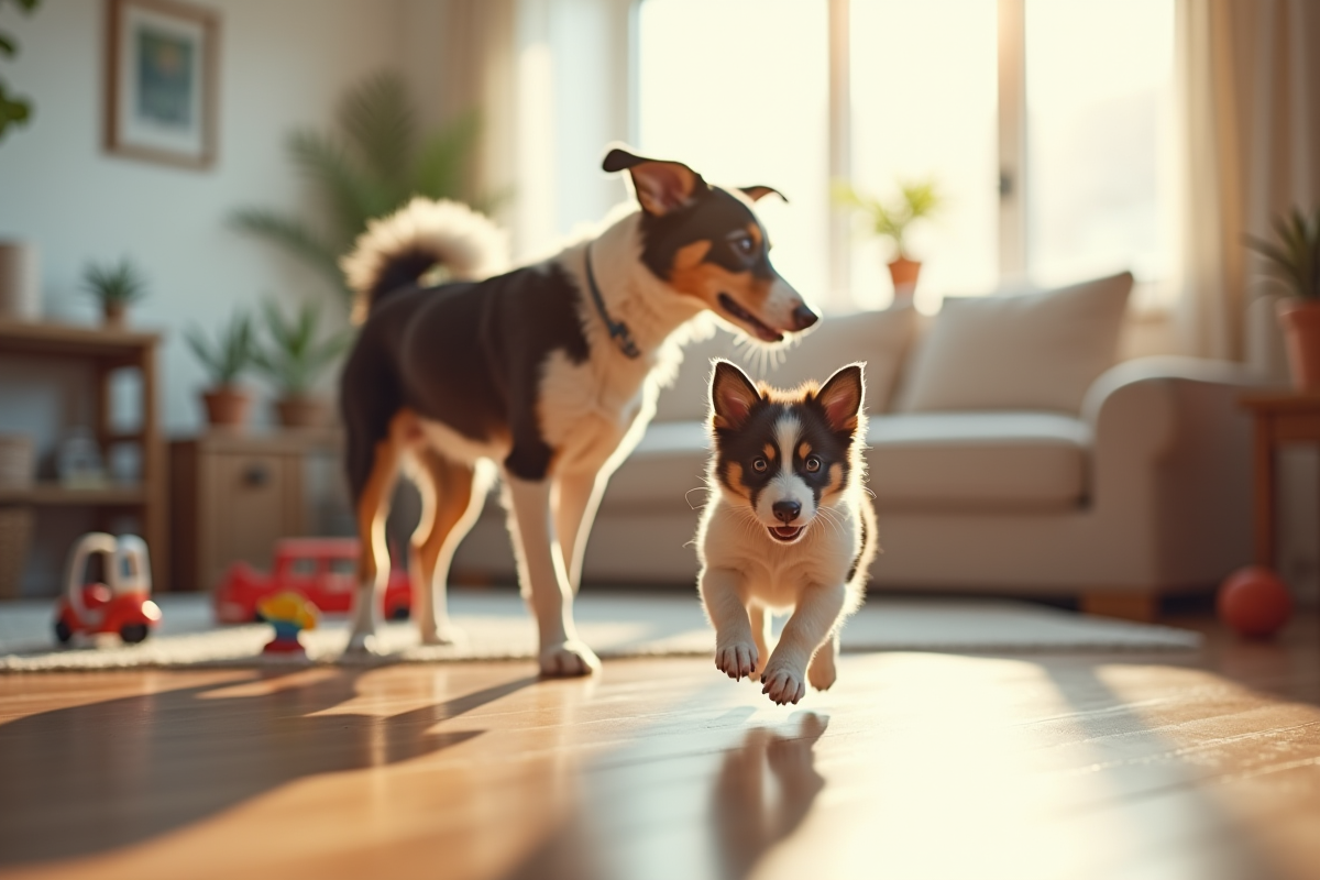 Chiot border collie jouant avec sa mère dans un salon lumineux