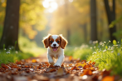 Chiot cavalier King Charles dans une forêt ensoleillée