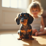 Chiot dachshund tacheté assis attentivement avec un enfant
