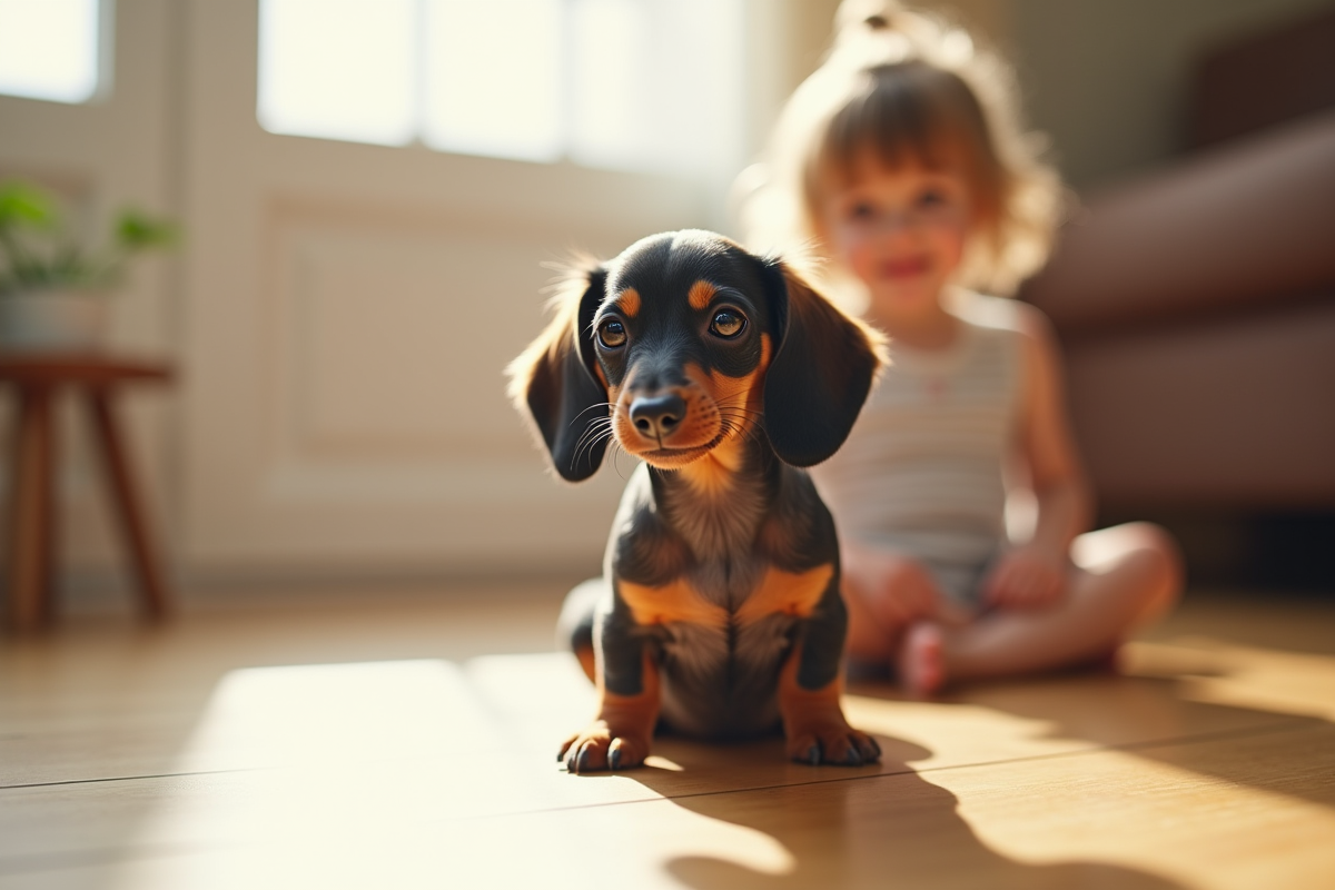 Chiot dachshund tacheté assis attentivement avec un enfant